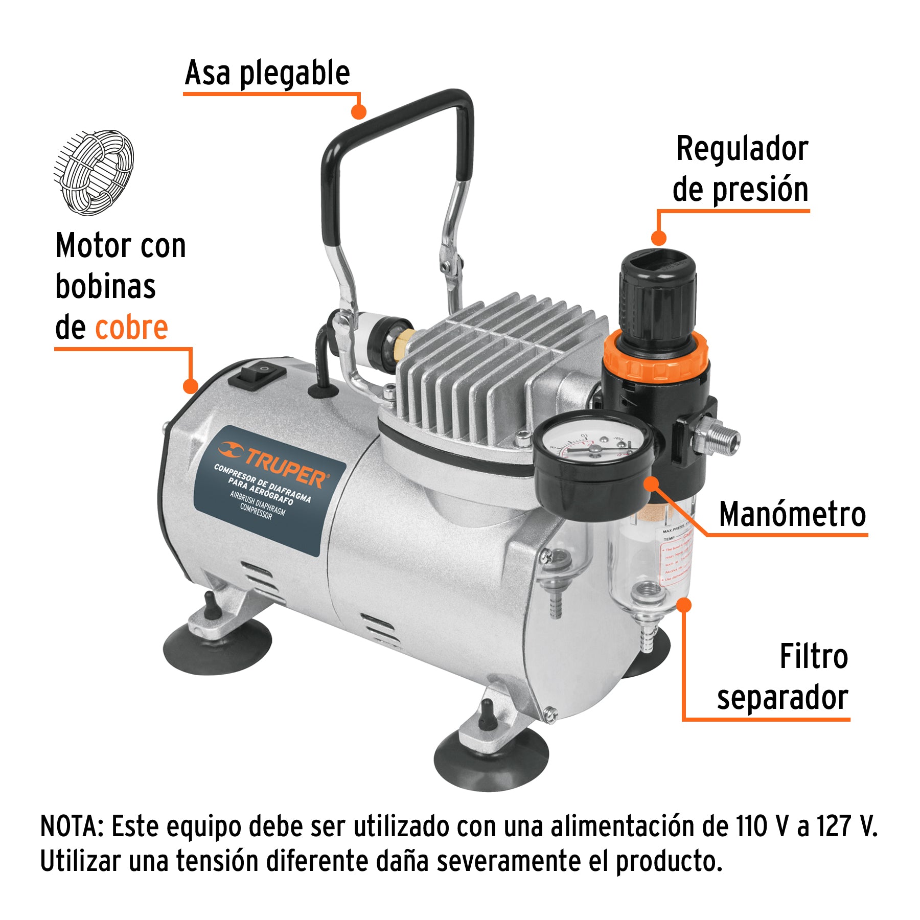 Compresor de diafragma para aerógrafo, 1/5 HP, 110 V, Truper, 17247