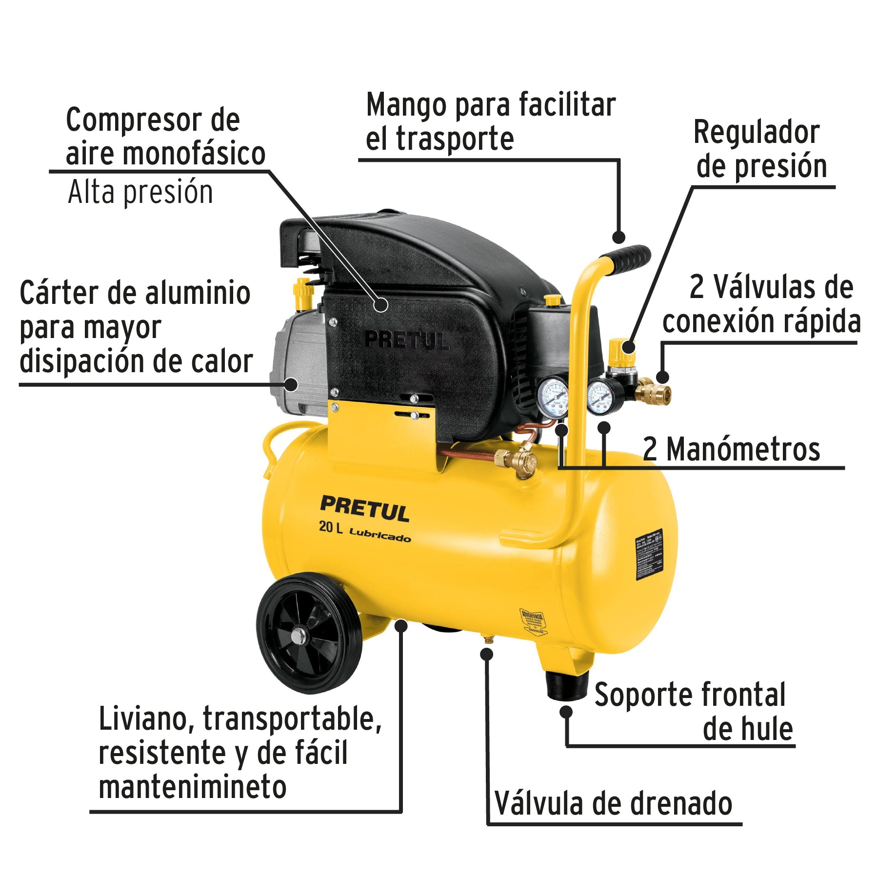 Kit Compresor de aire 20L 2½HP, manguera y pistola, Pretul, 24357