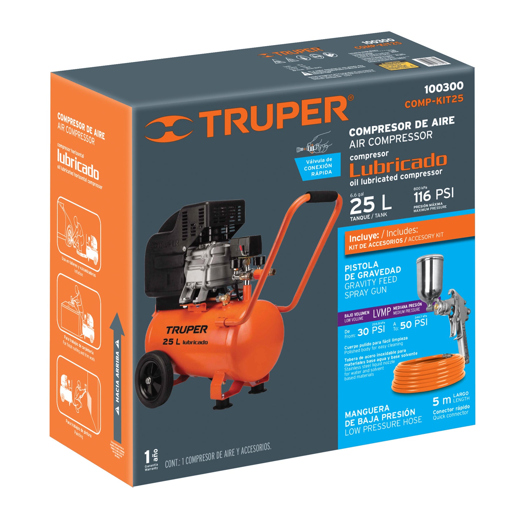 Kit Compresor de aire 25L 3HP, manguera y pistola, Truper, 100300