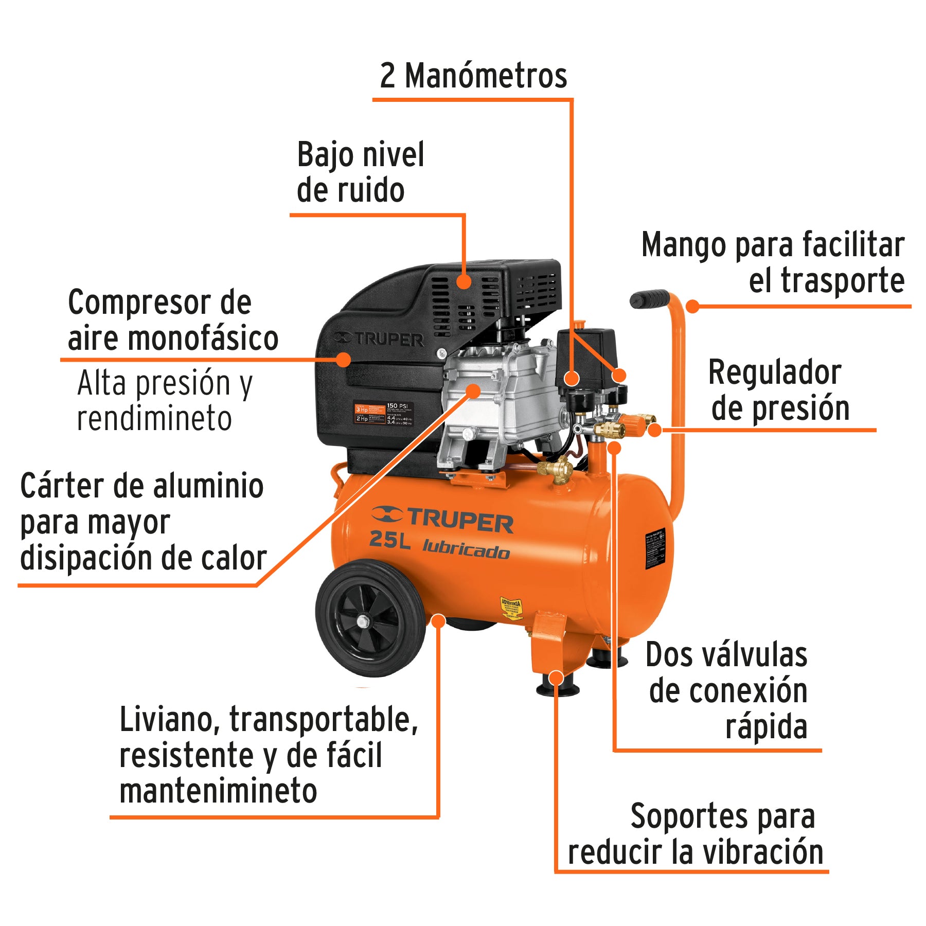 Kit Compresor de aire 25L 3HP, manguera y pistola, Truper, 100300