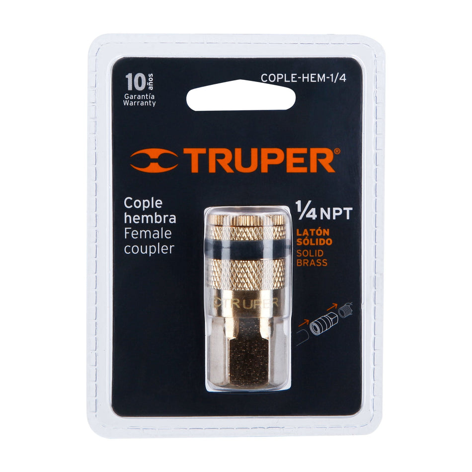 Cople de latón, cuerda 1/4 NPT, hembra, Truper Caja con 6, 19084