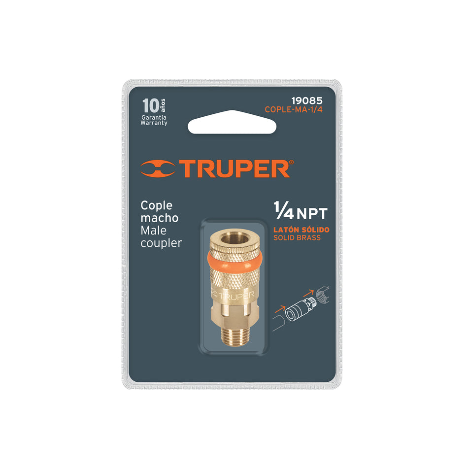 Cople de latón, cuerda 1/4 NPT, macho, Truper Caja con 6, 19085