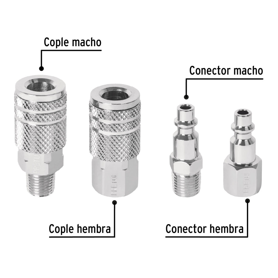 Juego de 2 conectores y 2 coples para compresor, Pretul Caja con 6, 27020