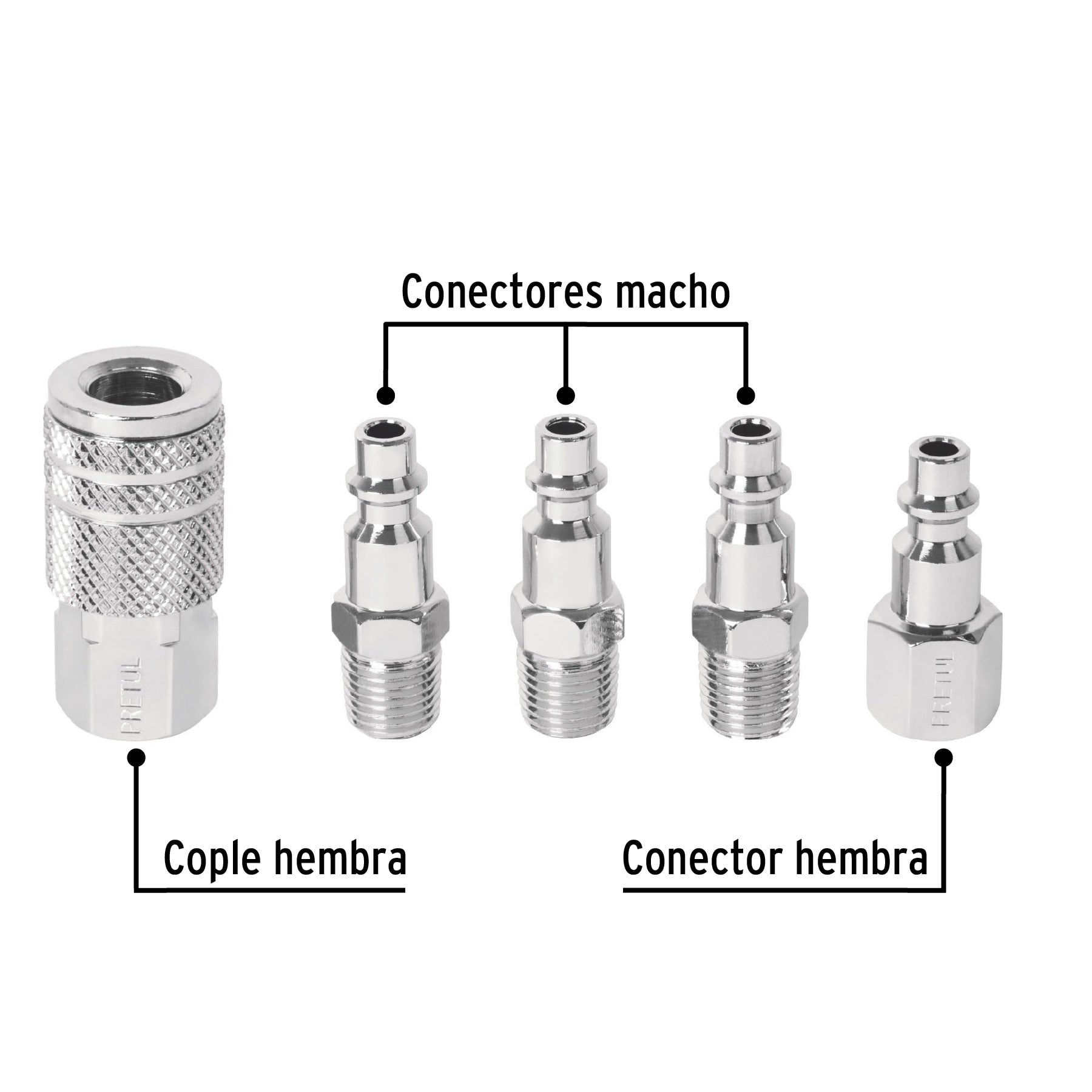 Juego de 4 conectores y 1 cople para compresor, Pretul, 27021