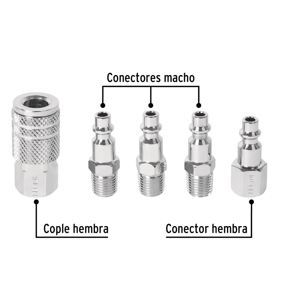 Juego de 4 conectores y 1 cople para compresor, Pretul Caja con 6, 27021