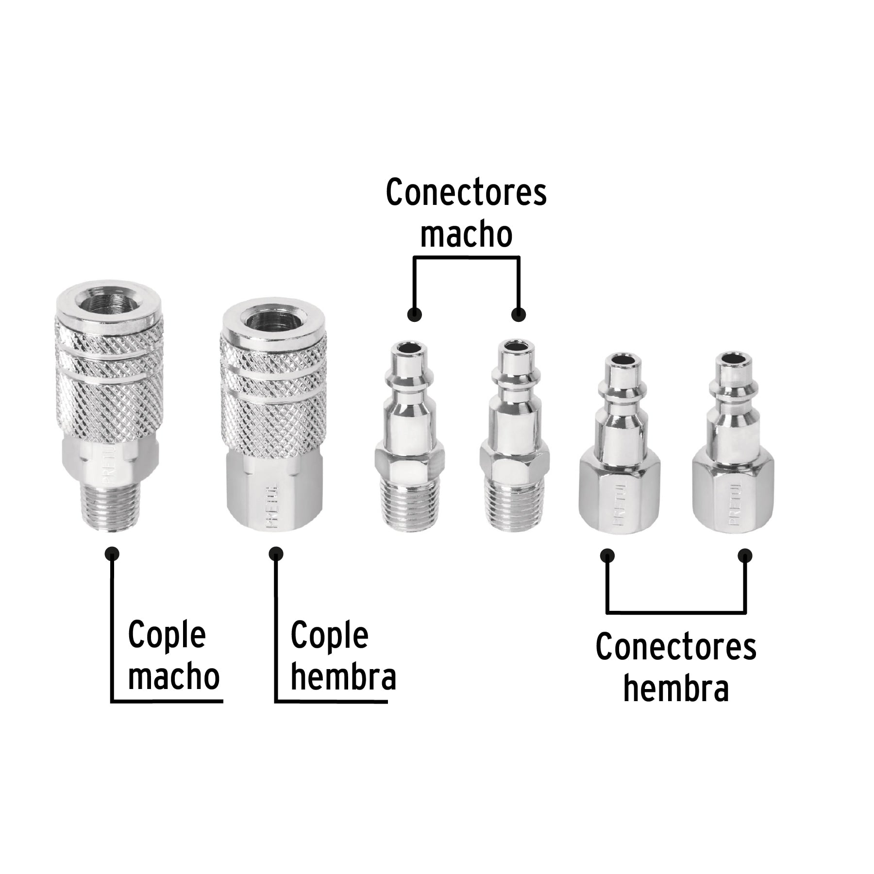 Juego de 4 conectores y 2 coples, compresor de aire, Pretul, 27030