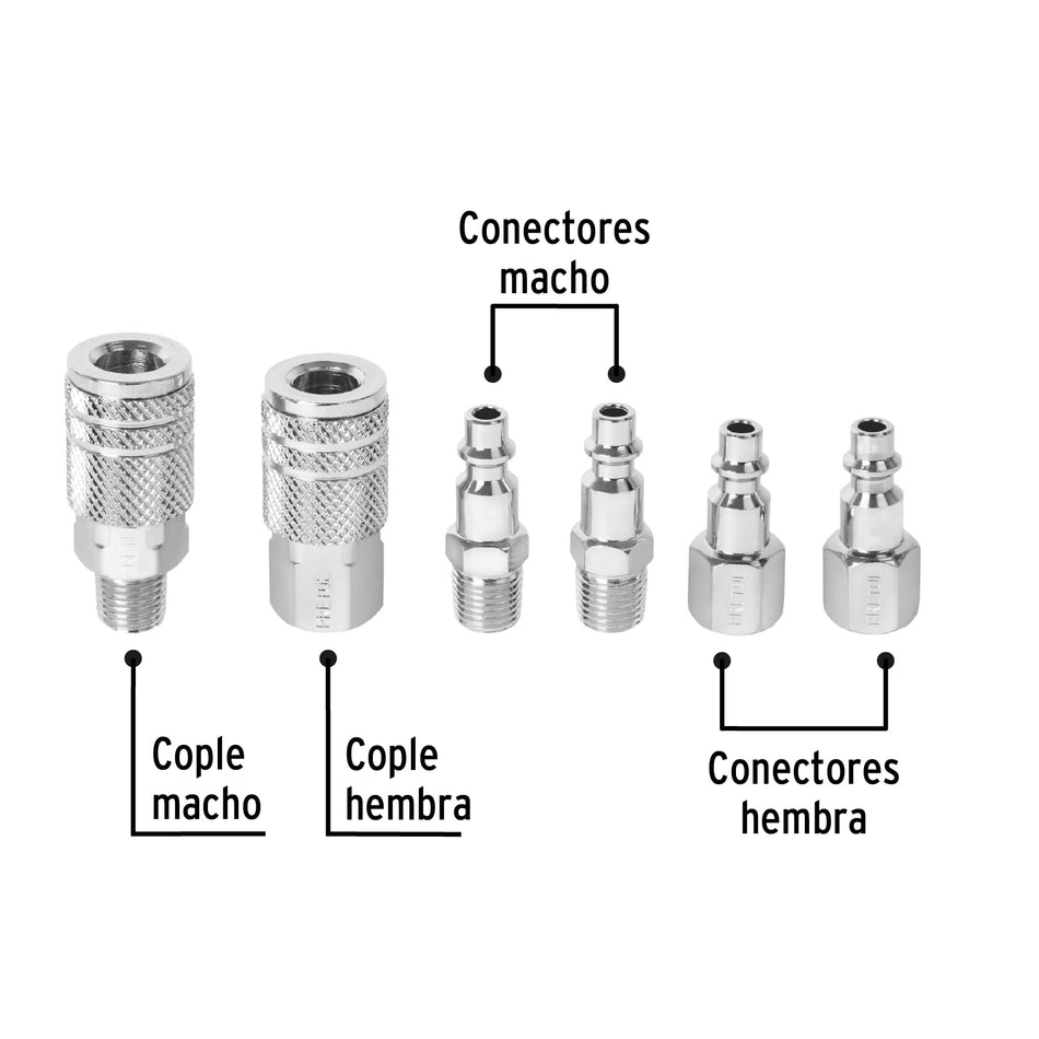 Juego de 4 conectores y 2 coples, compresor de aire, Pretul Caja con 6, 27030