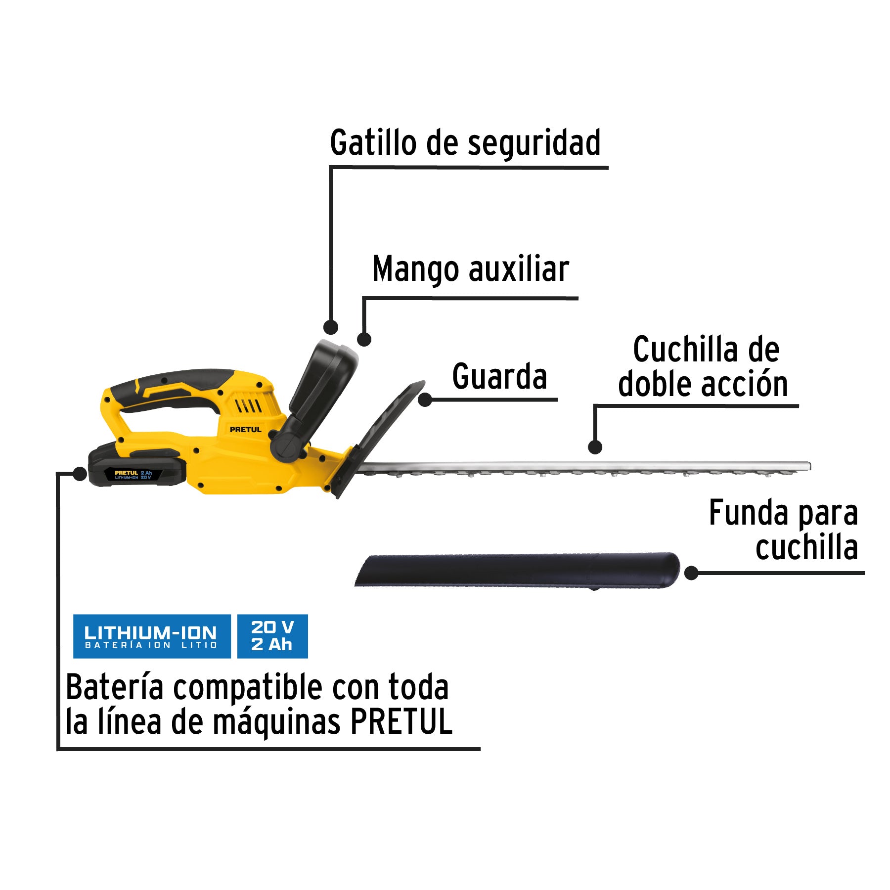 Cortasetos inalámbrico 20V, 1 batería 2Ah, 1 carg. PRETUL, 28273