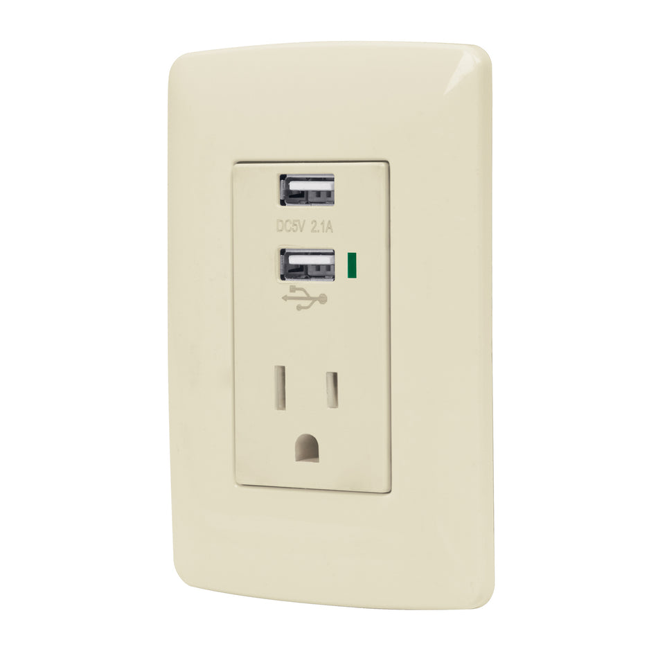 Contacto aterrizado + 2 puertos USB, marfil, línea Italiana Caja con 3, 48064
