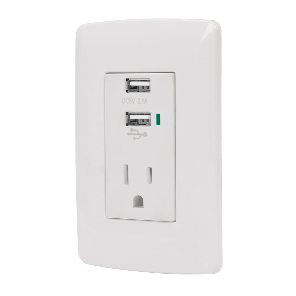 Contacto aterrizado + 2 puertos USB, blanco, línea Italiana Caja con 3, 48065