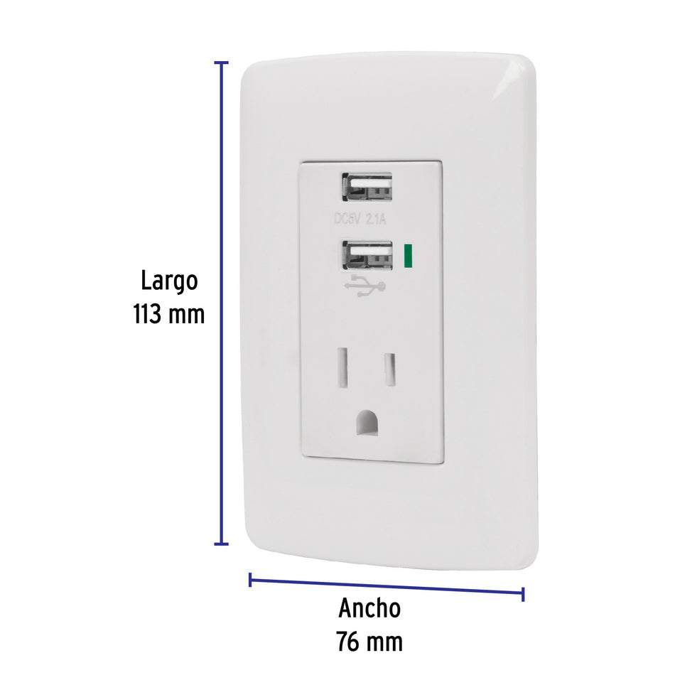 Contacto aterrizado + 2 puertos USB, blanco, línea Italiana Caja con 3, 48065