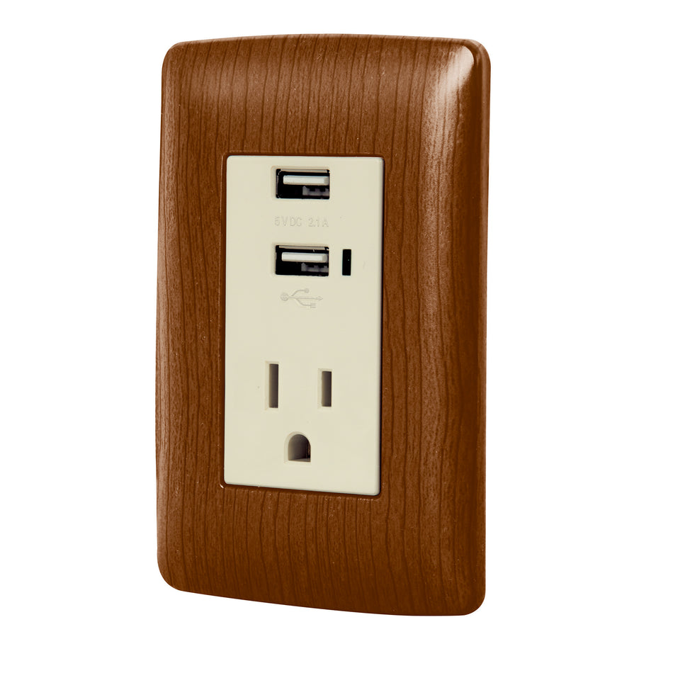 Contacto aterrizado + 2 puertos USB, madera, línea Italiana Caja con 3, 49814