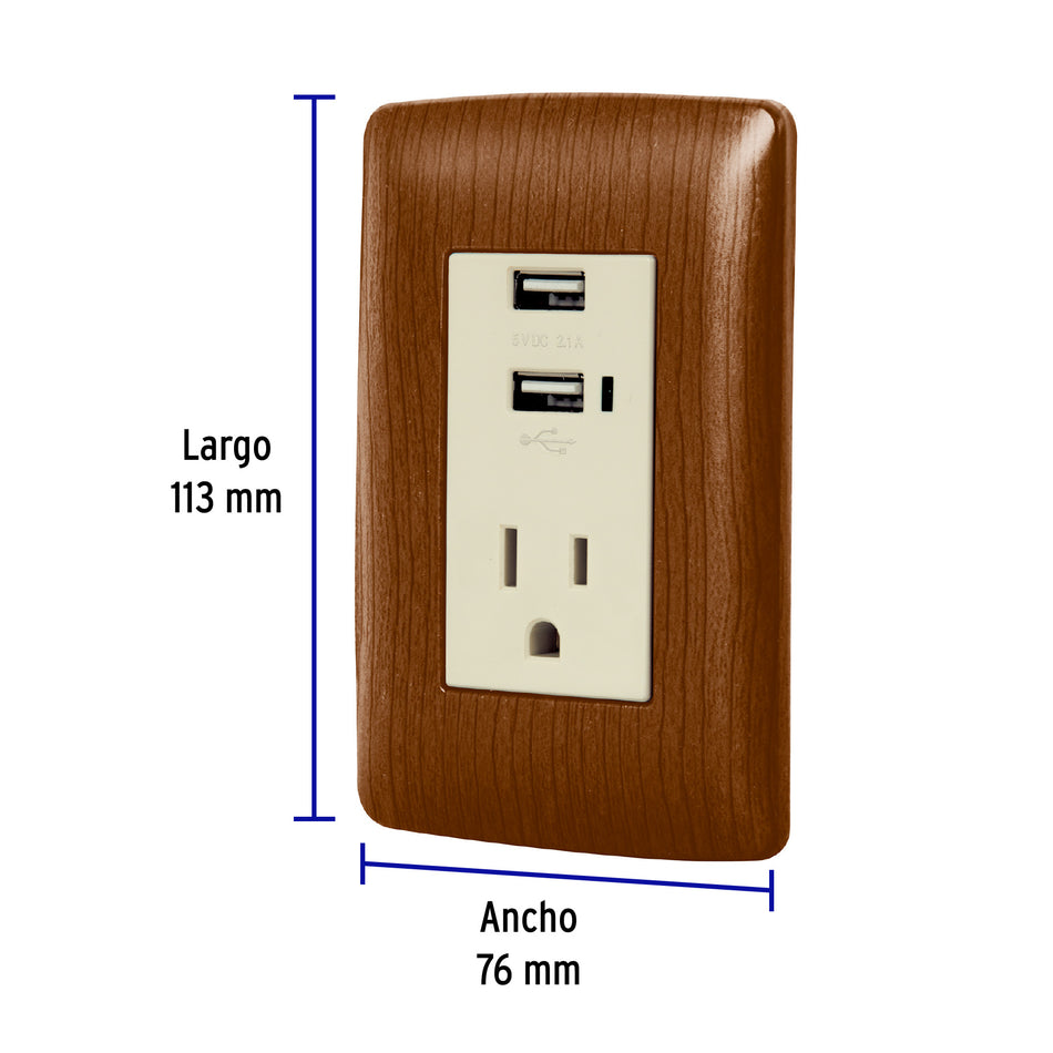 Contacto aterrizado + 2 puertos USB, madera, línea Italiana Caja con 3, 49814