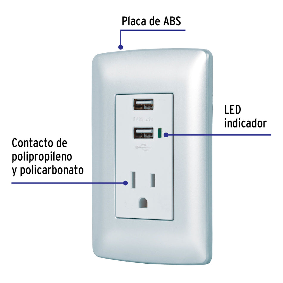 Contacto aterrizado + 2 puertos USB, plata, línea Italiana Caja con 3, 49808