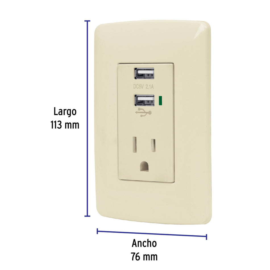 Contacto aterrizado + 2 puertos USB, marfil, línea Italiana Caja con 3, 48064