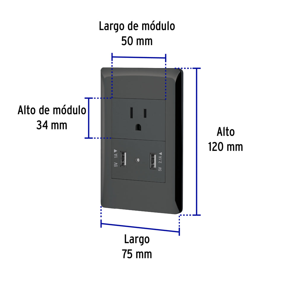 Placa armada negra contacto y 2 puertos USB 1.5 mód, Lisboa Caja con 3, 47904
