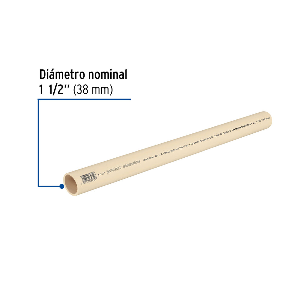 Tubo de 1-1/2' de CPVC hidráulico RD 11 de 3 m, Foset Caja con 5, 45561