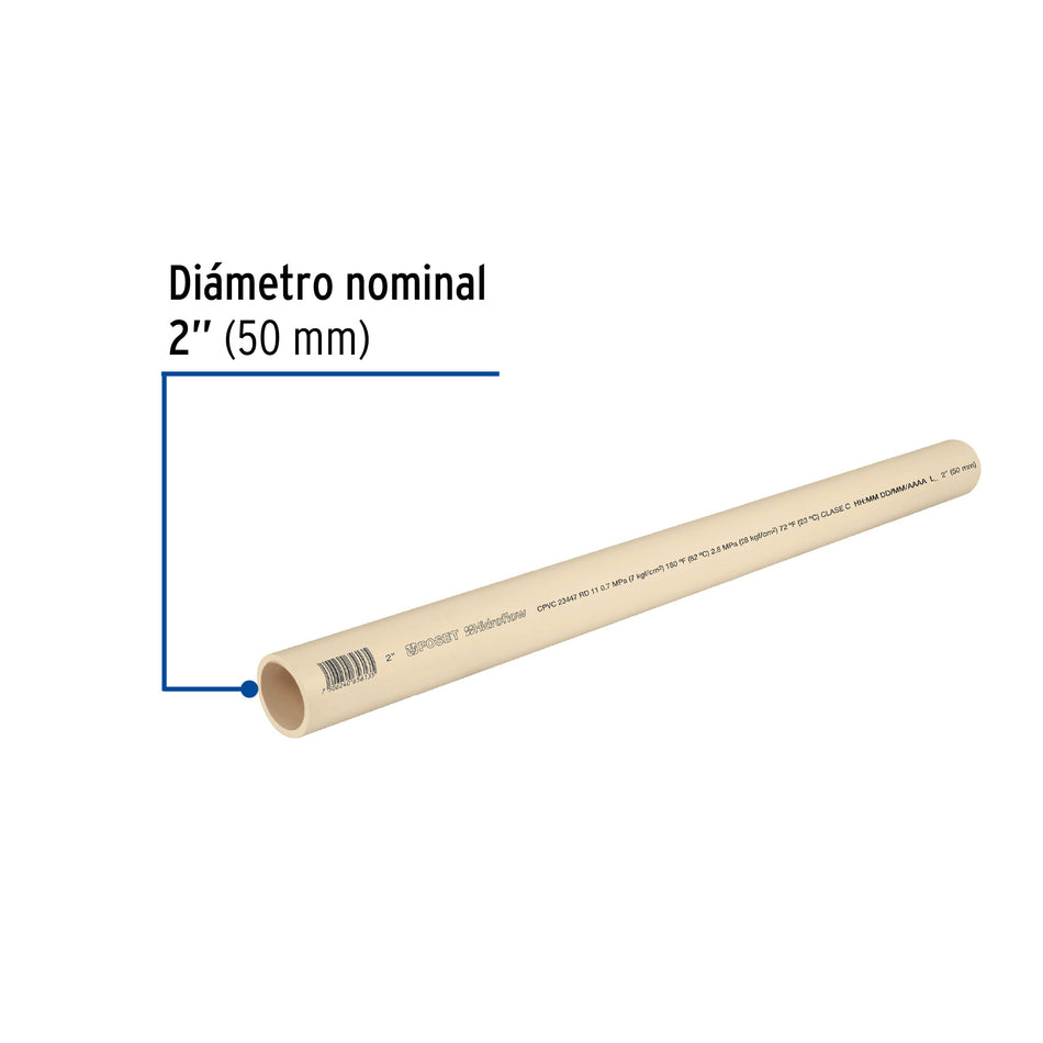 Tubo de 2' de CPVC hidráulico RD 11 de 3 m, Foset Caja con 5, 45562