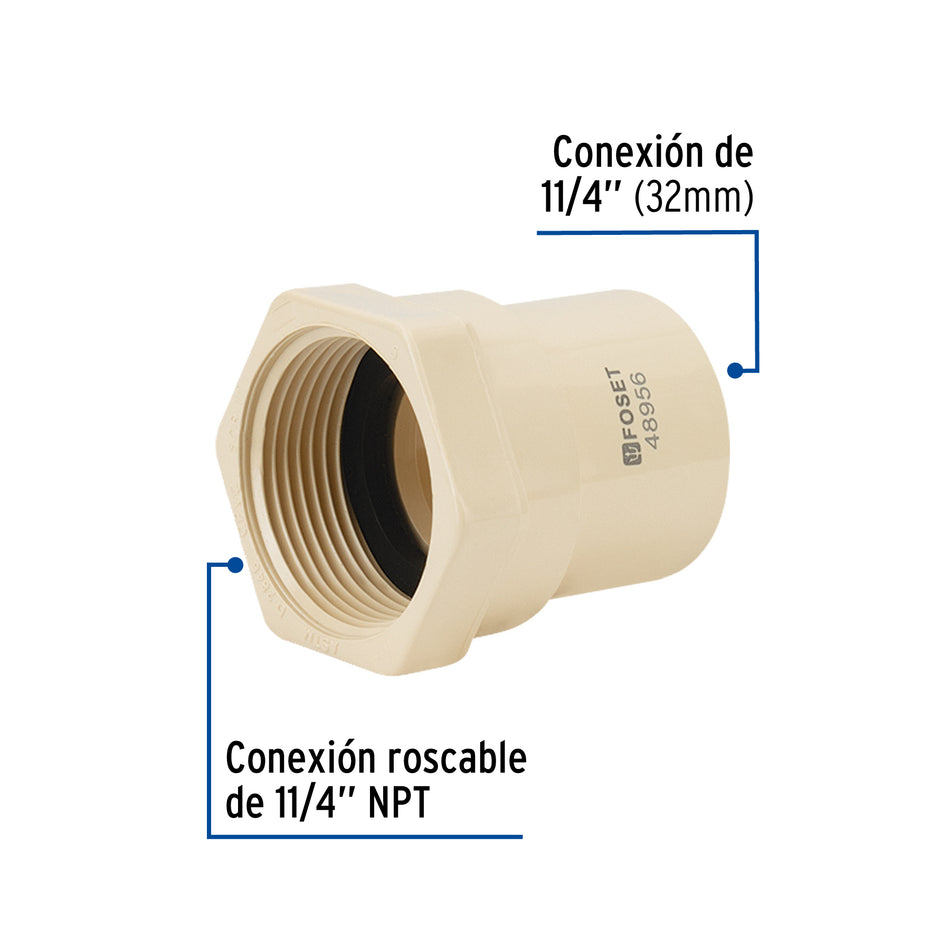 Conector hembra CPVC 1-1/4', Foset Caja con 4, 48956