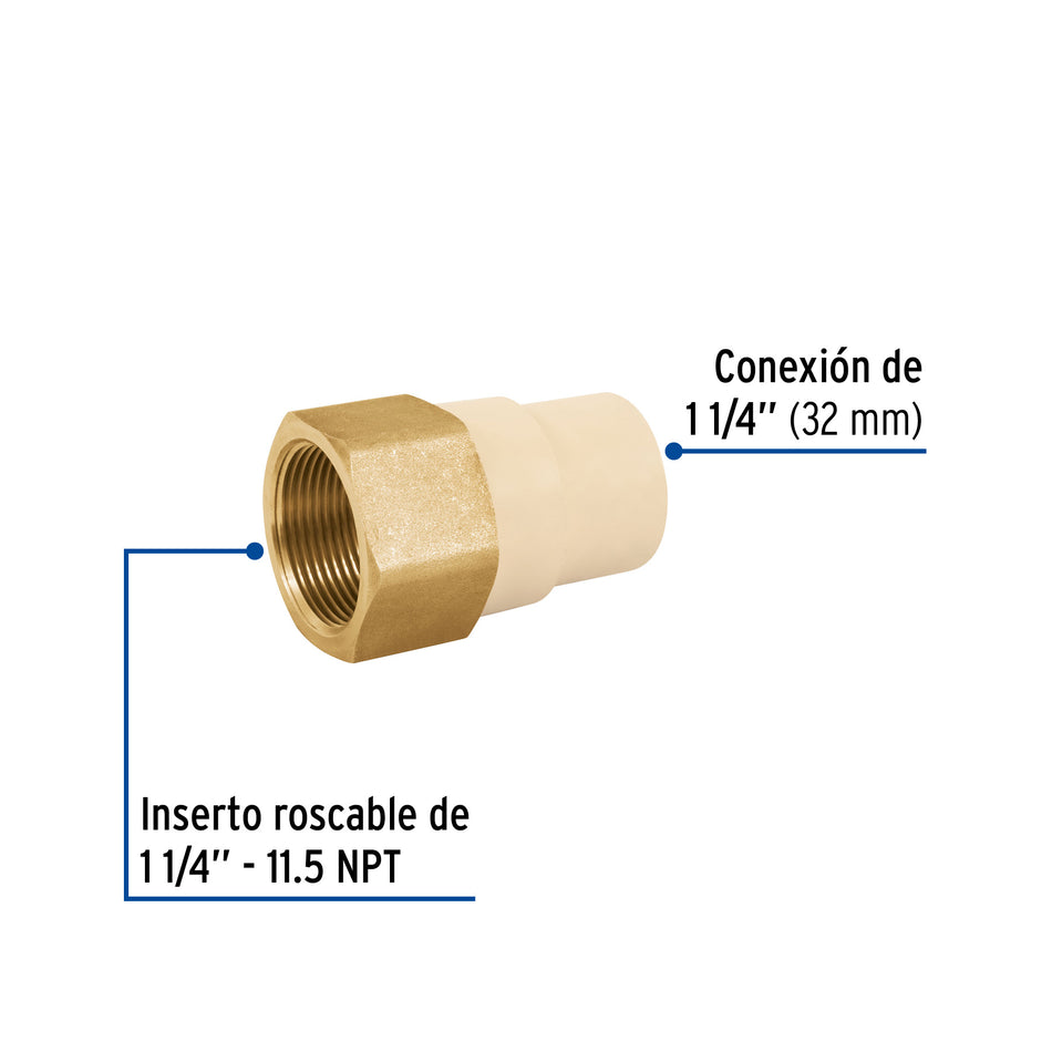 Adaptador hembra de CPVC 1-1/4' con inserto metálico, Foset Caja con 4, 48960