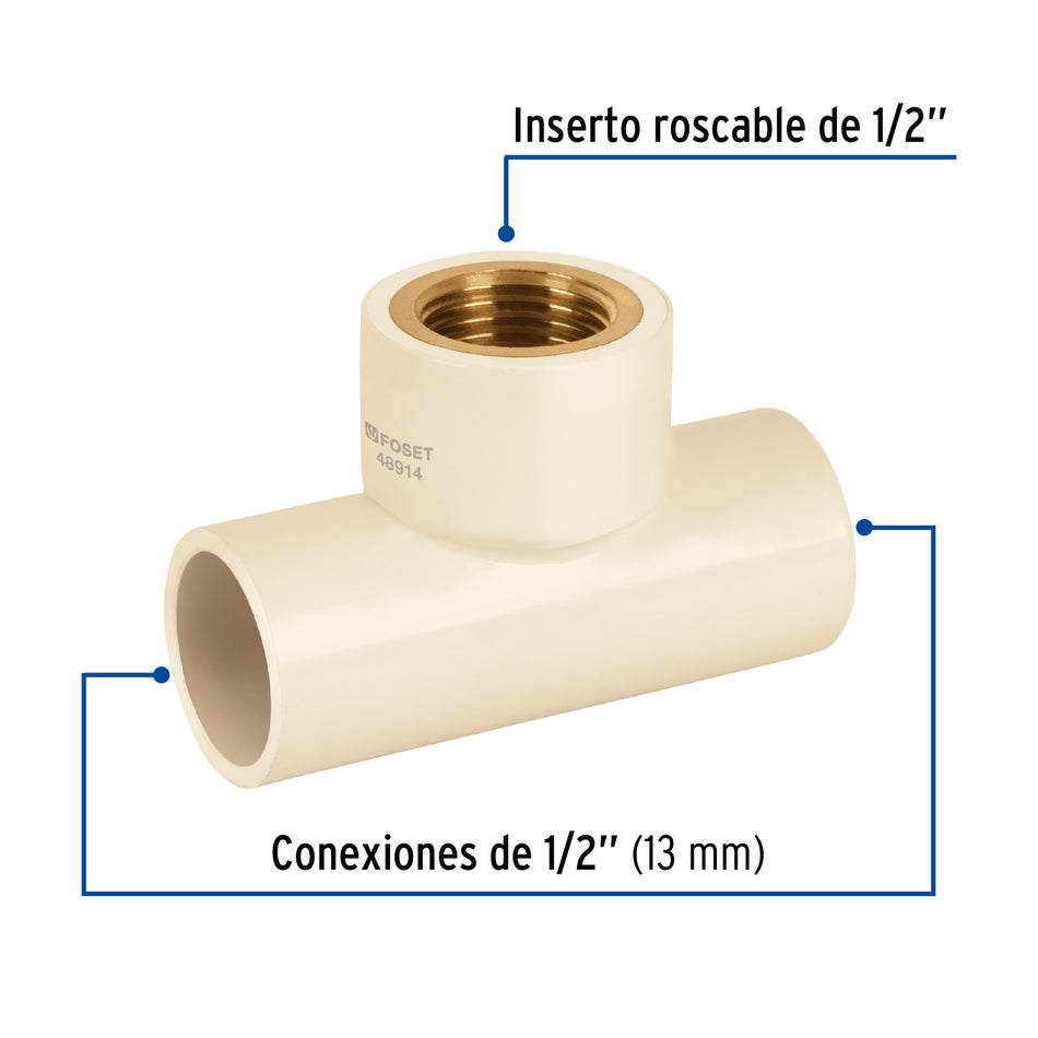 Tee rosca central hembra CPVC 1/2' inserto latón, Foset Caja con 10, 48914