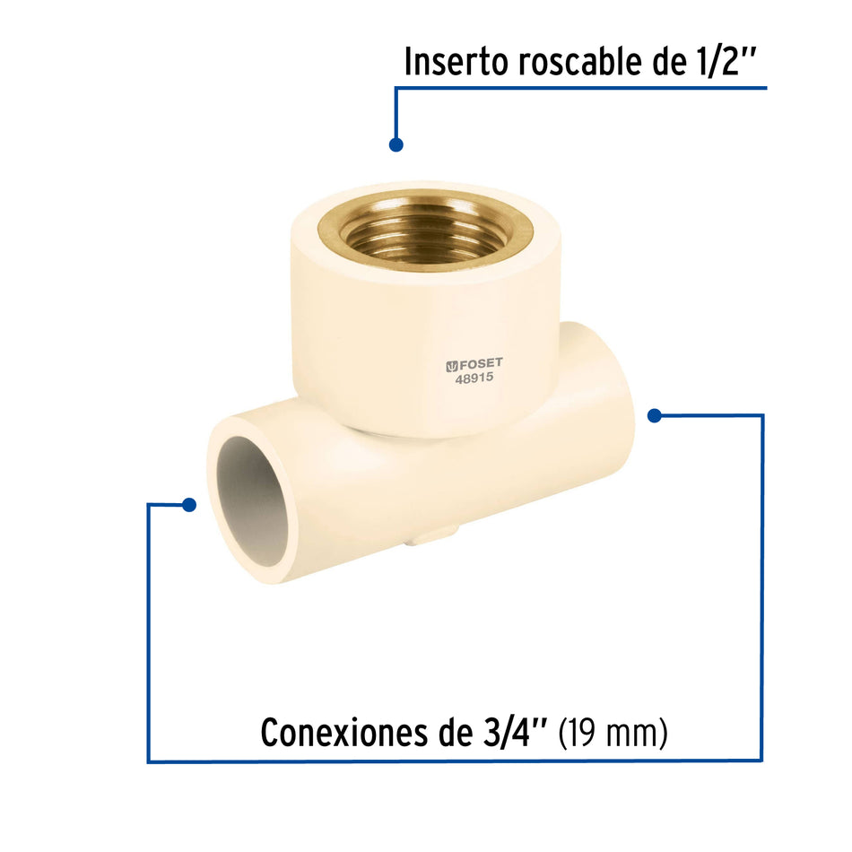 Tee reducida hembra de CPVC 3/4' x 3/4' x 1/2' inserto latón Caja con 10, 48915