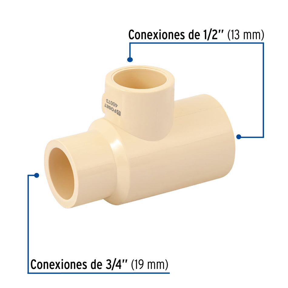 Tee reducida lateral de CPVC 3/4' x 1/2' x 1/2' , Foset Caja con 10, 45073