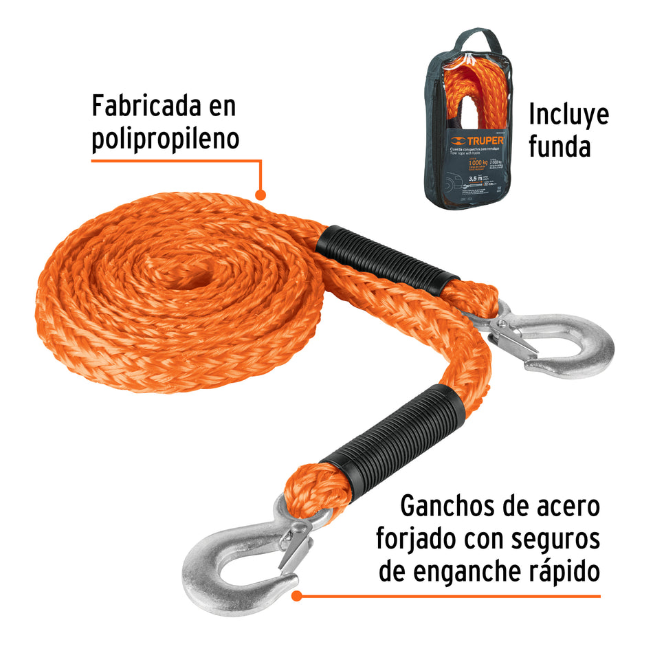 Cuerda con ganchos para remolque, 22 mm x 3.5 m, Truper, 18345