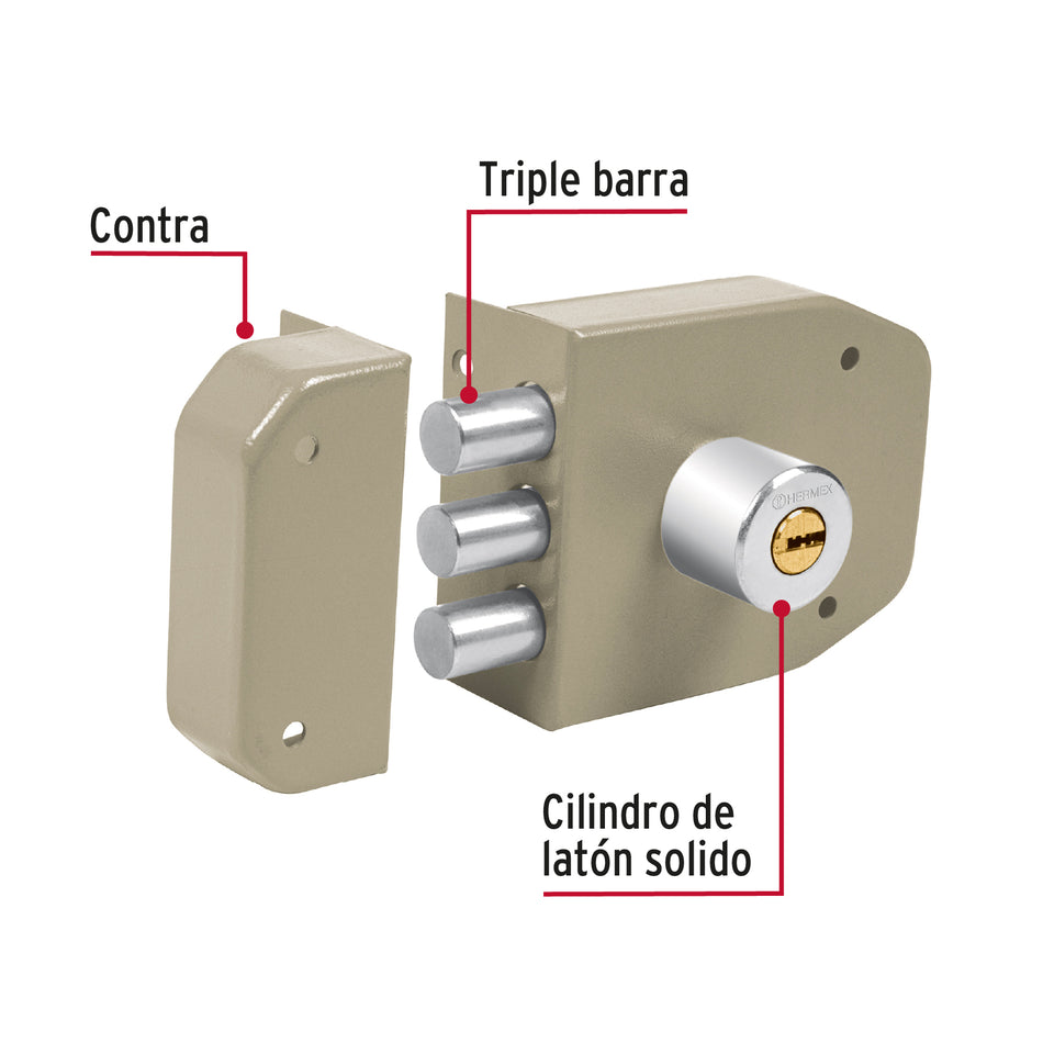 Cerradura sobreponer 3 barras instalafácil, llave puntos, 43488