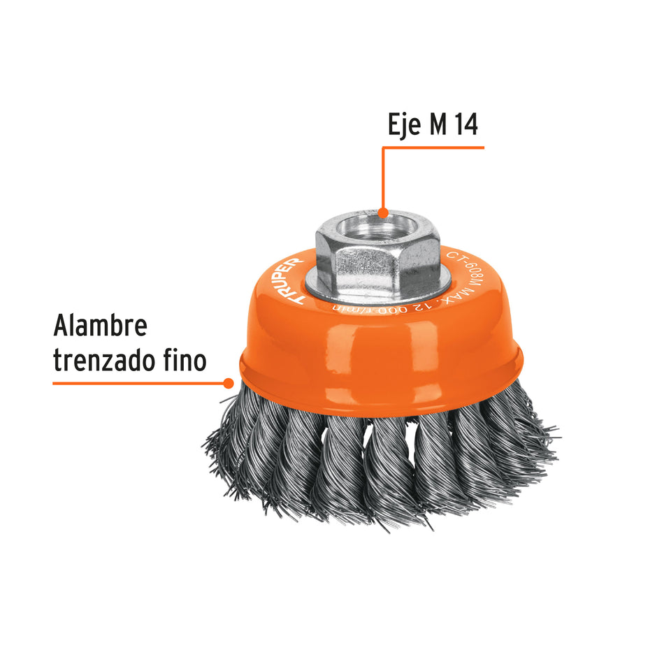 Carda copa 3' alambre trenzado fino, eje M14, Truper Caja con 4, 14184