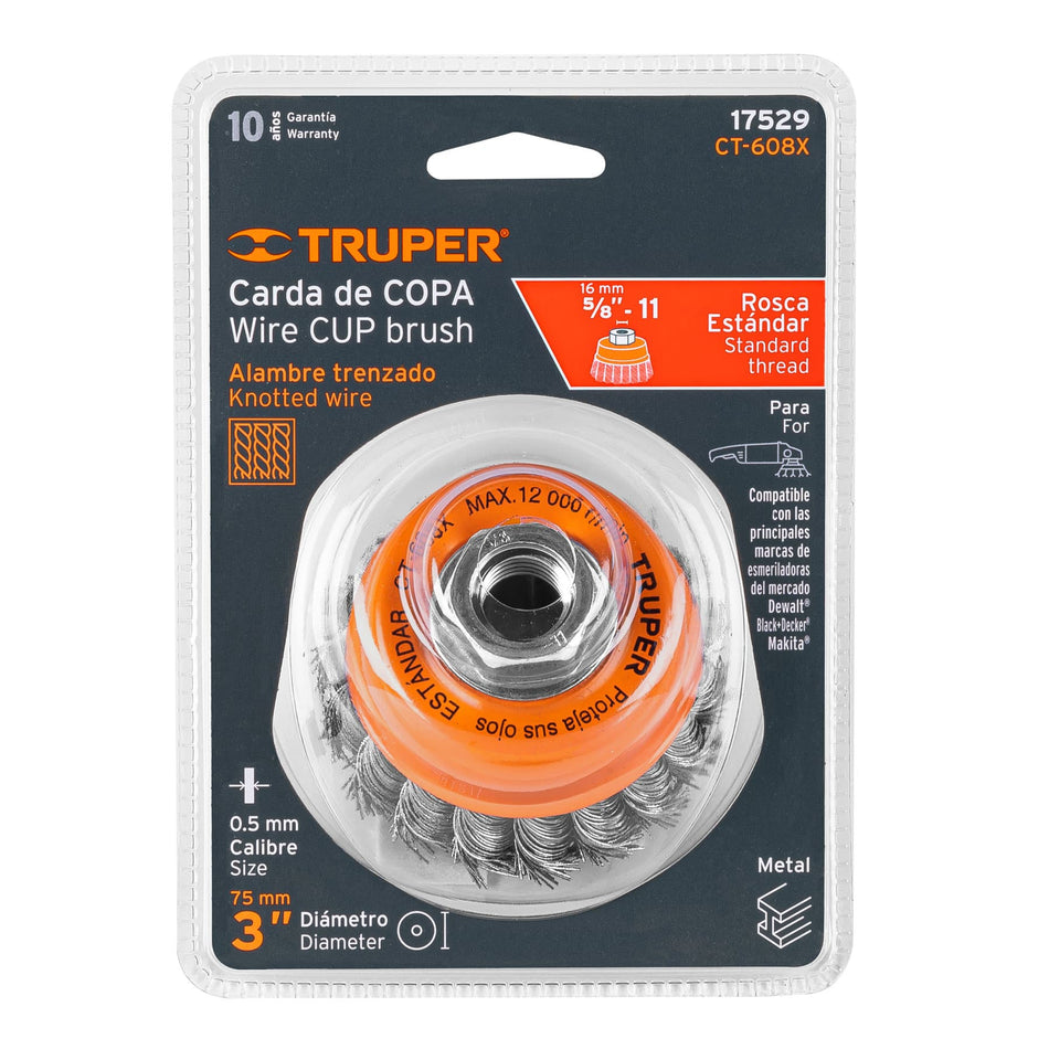 Carda copa 3' alambre trenzado grueso, eje 5/8'-11, Truper Caja con 4, 17529