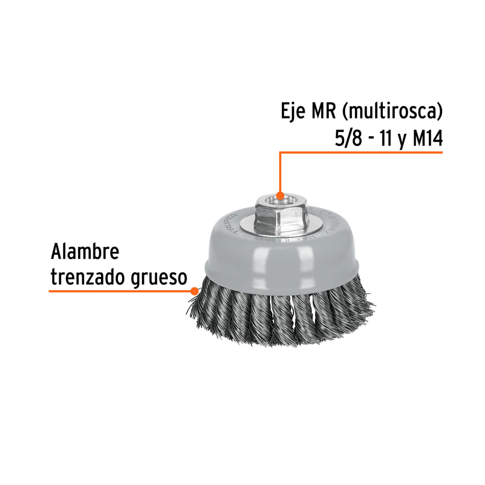 Carda copa 4' alambre trenzado grueso, Multi-rosca, Truper Caja con 4, 100855
