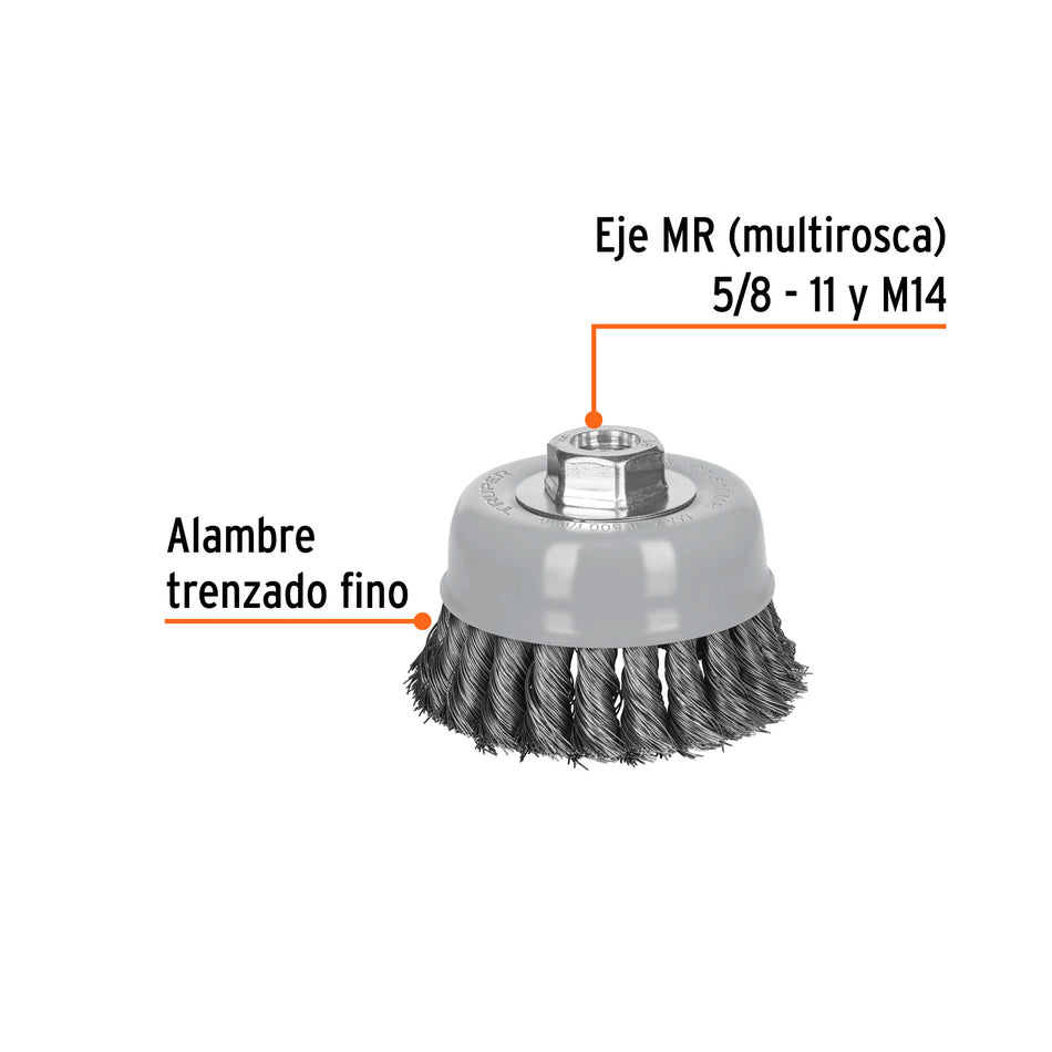 Carda copa 4' alambre trenzado fino, Multi-rosca, Truper Caja con 4, 100852
