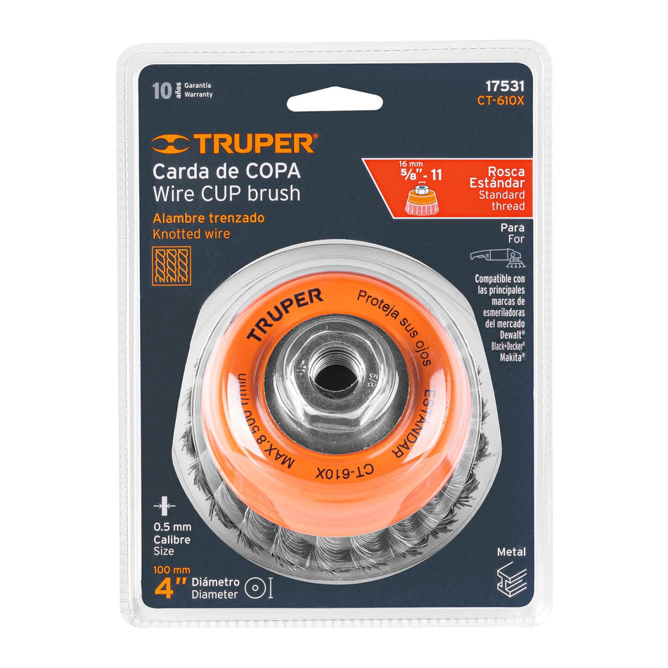 Carda copa 4' alambre trenzado grueso, eje 5/8'-11, Truper Caja con 4, 17531