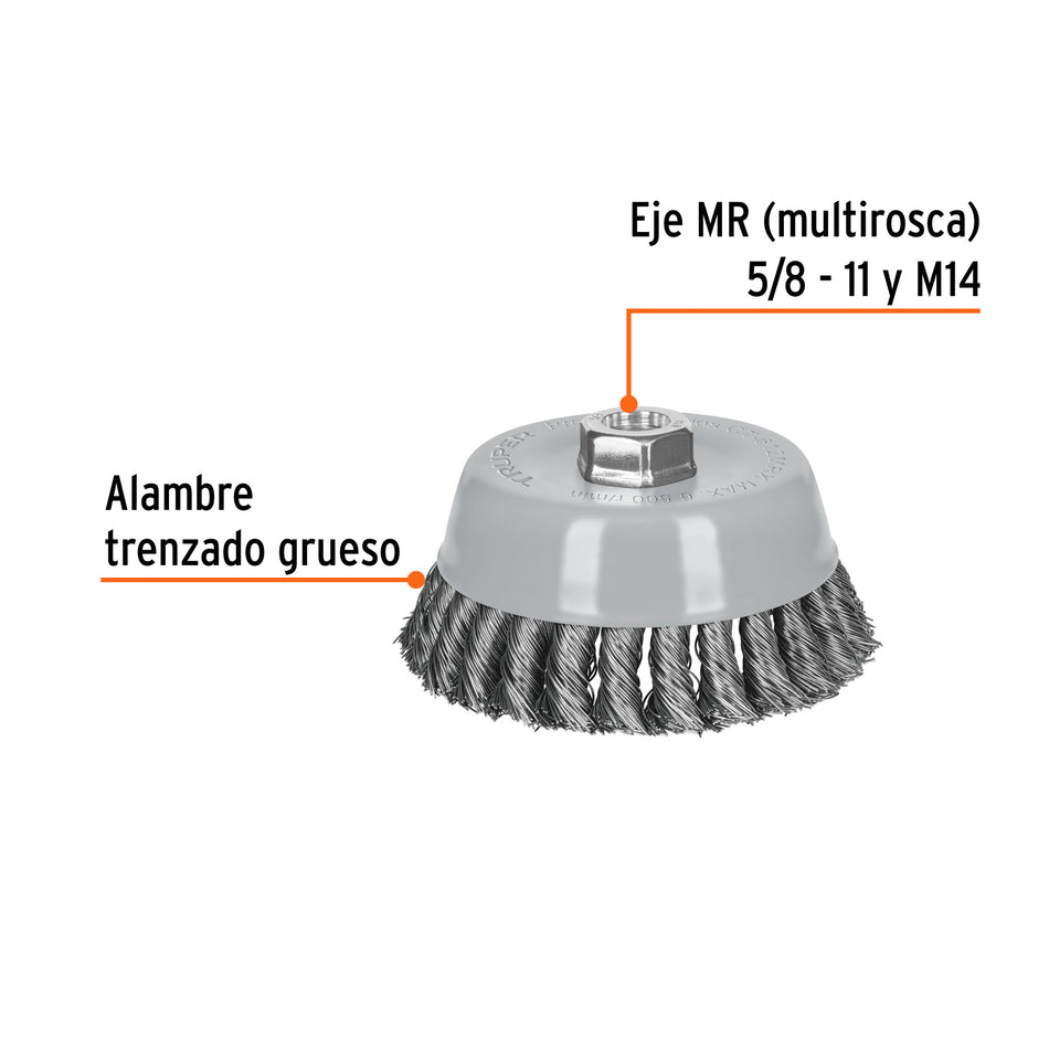 Carda copa 5' alambre trenzado grueso, Multi-rosca, Truper Caja con 4, 100856