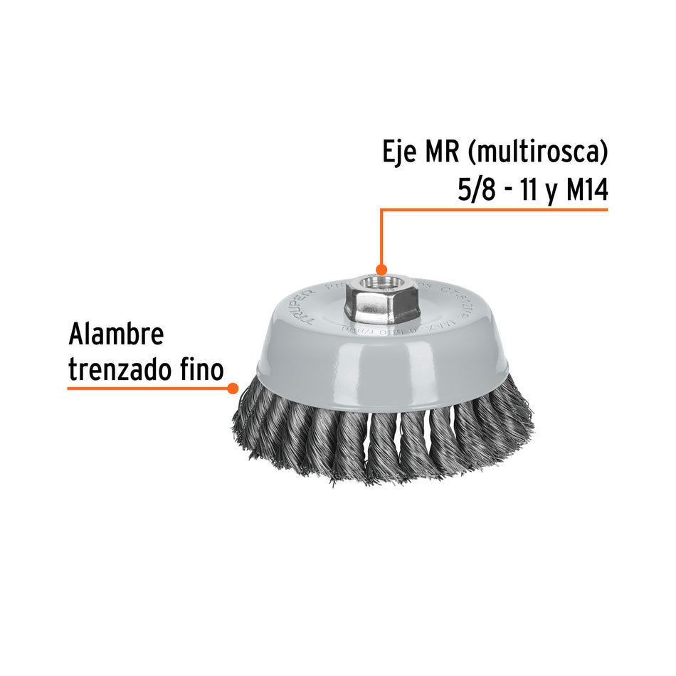 Carda copa 5' alambre trenzado fino, Multi-rosca, Truper Caja con 4, 100853