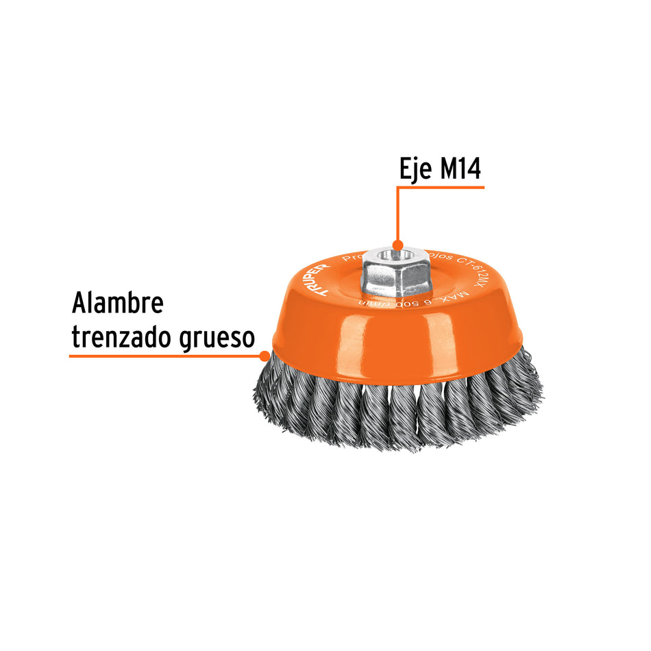 Carda copa 5' alambre trenzado grueso, eje M14, Truper Caja con 4, 11543