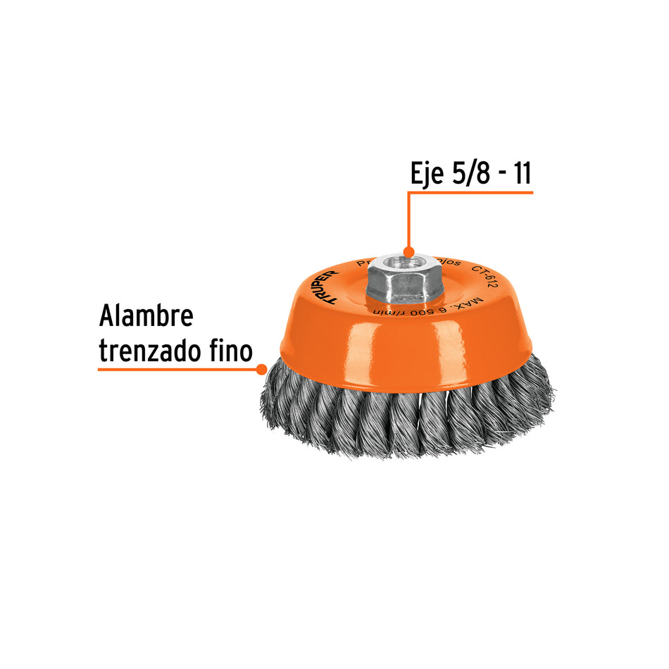 Carda copa 5' alambre trenzado fino, eje 5/8'-11, Truper Caja con 4, 11541