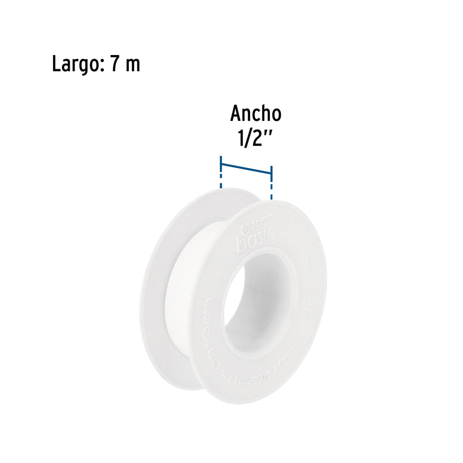 Cinta sella roscas 1/2' x 7 m, uso general, Foset Basic Caja con 100, 48463