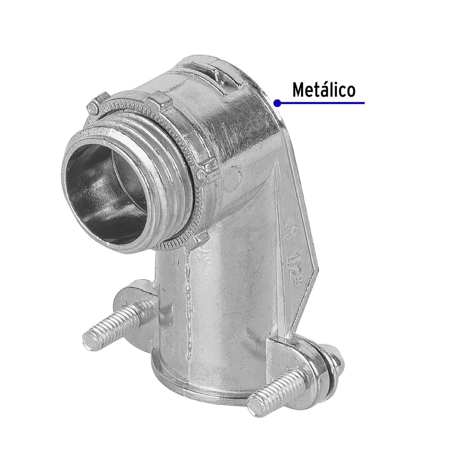 Conector curvo 1/2' para tubo flexible metálico, Volteck Caja con 10, 47343