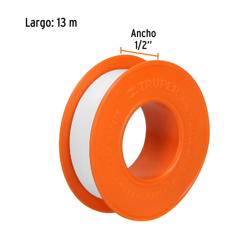 Cinta sella roscas 1/2' X 13 m de largo, uso general, Truper Caja con 10, 12512