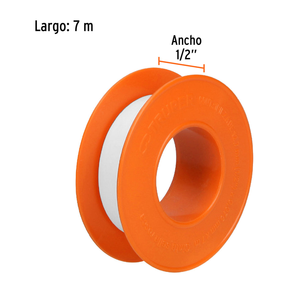 Cinta sella roscas 1/2' X 7 m de largo, uso general, Truper Caja con 100, 12520