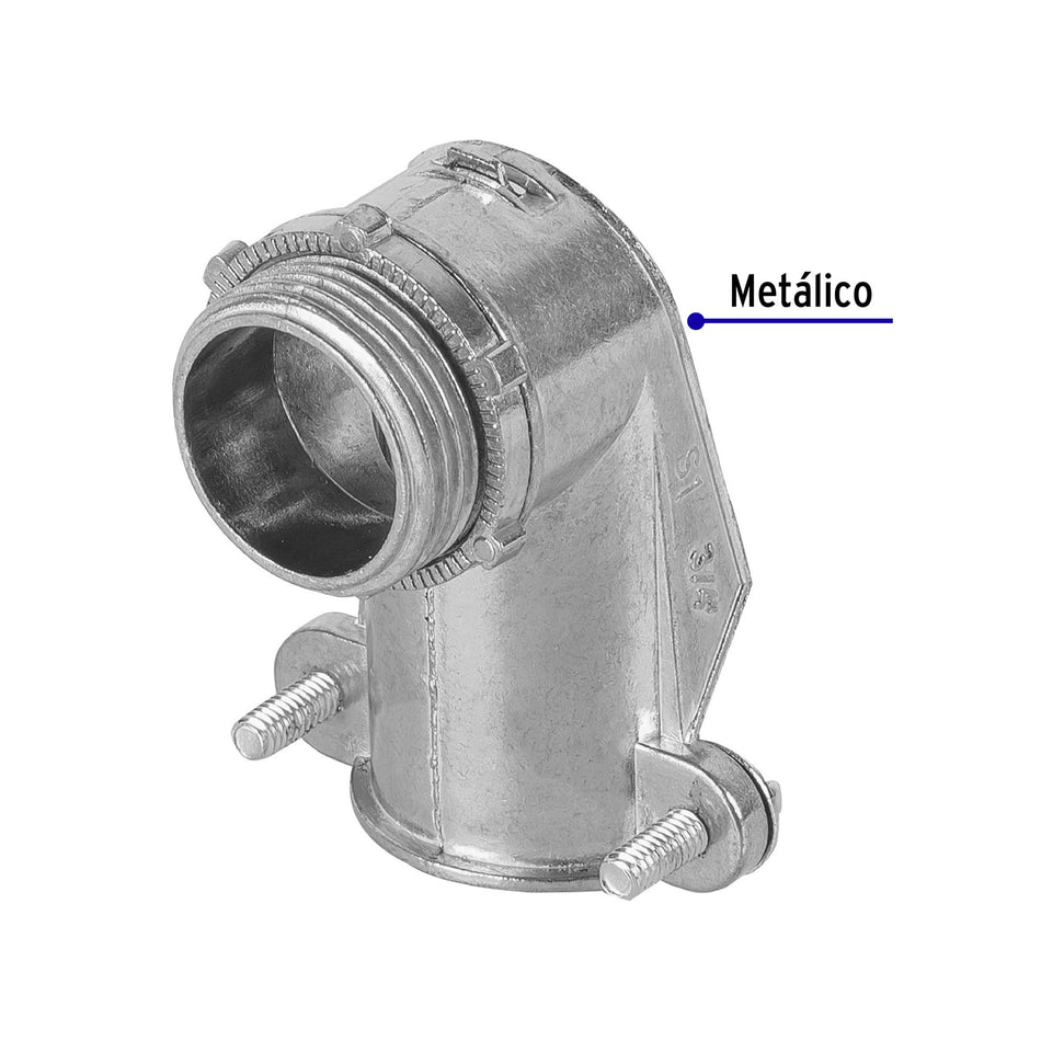 Conector curvo 3/4' para tubo flexible metálico, Volteck Caja con 10, 47344