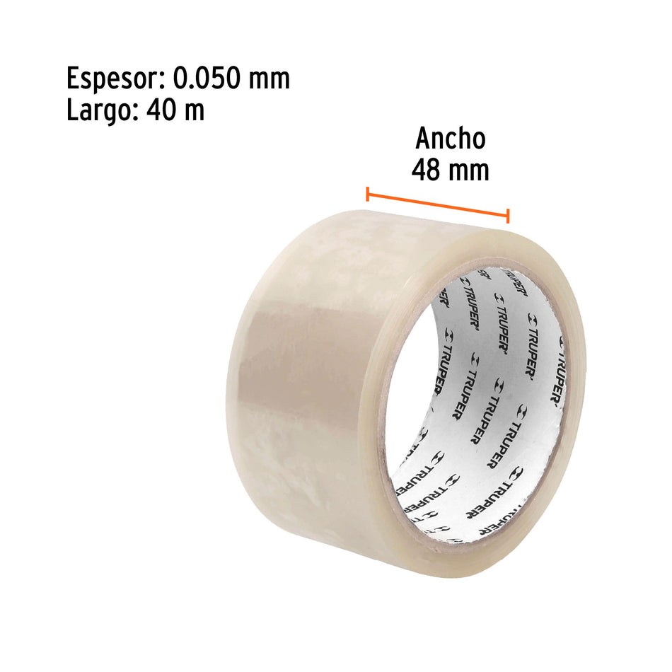 Cinta de empaque 48 mm x 40 m transparente, Truper Caja con 12, 12551