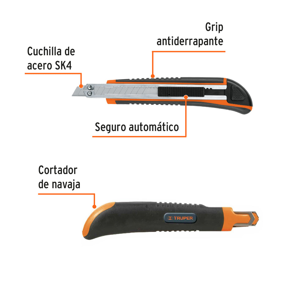 Cutter 9 mm profesional con alma metálica y grip, Truper Caja con 6, 16971