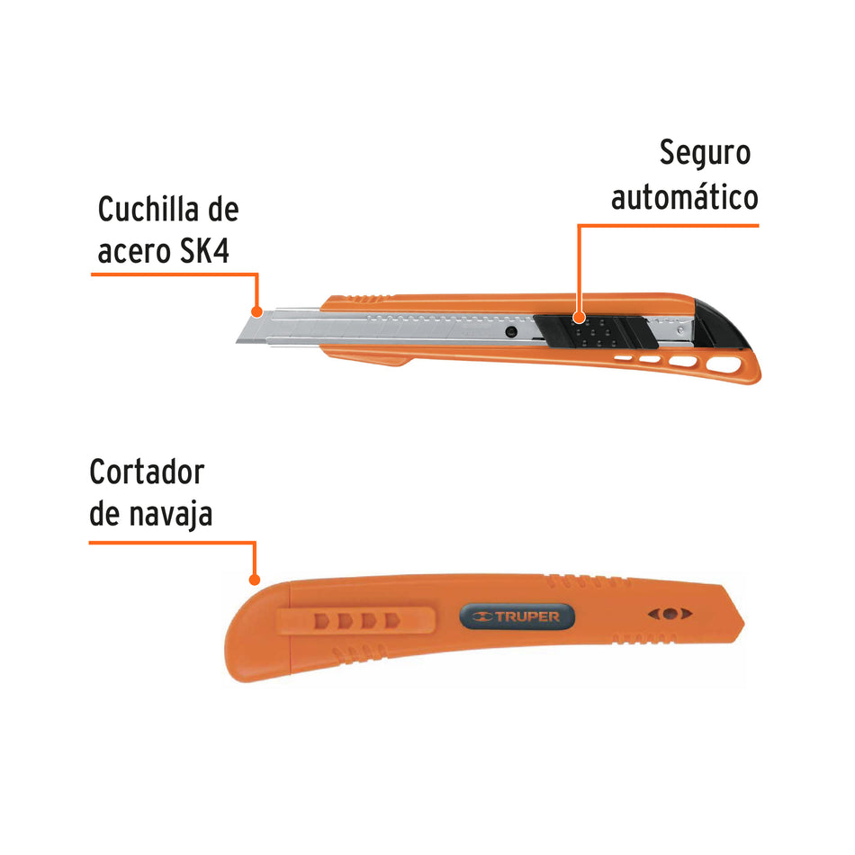 Cutter 9 mm reforzado de plástico con alma metálica, Truper Caja con 12, 16968