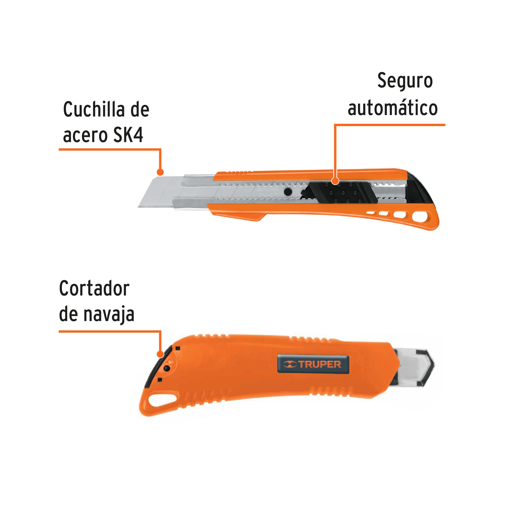Cutter 25 mm reforzado de plástico con alma metálica, Truper Caja con 6, 17904