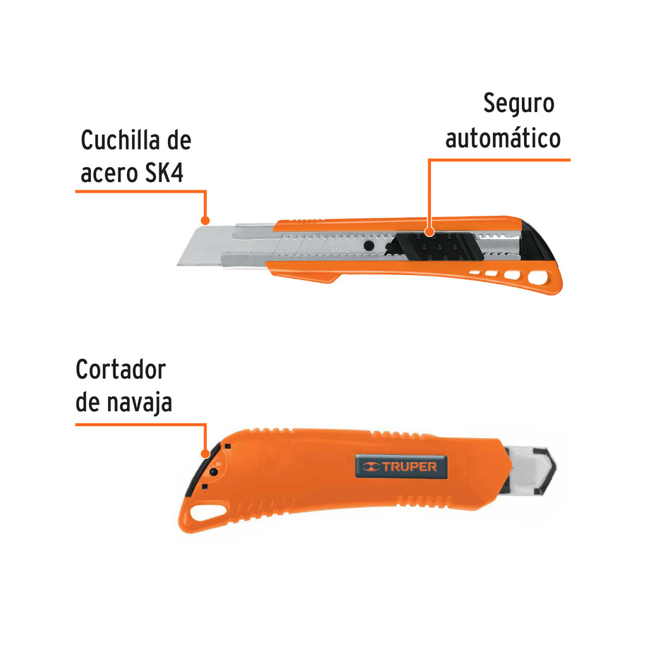 Cutter 25 mm reforzado de plástico con alma metálica, Truper Caja con 6, 17904