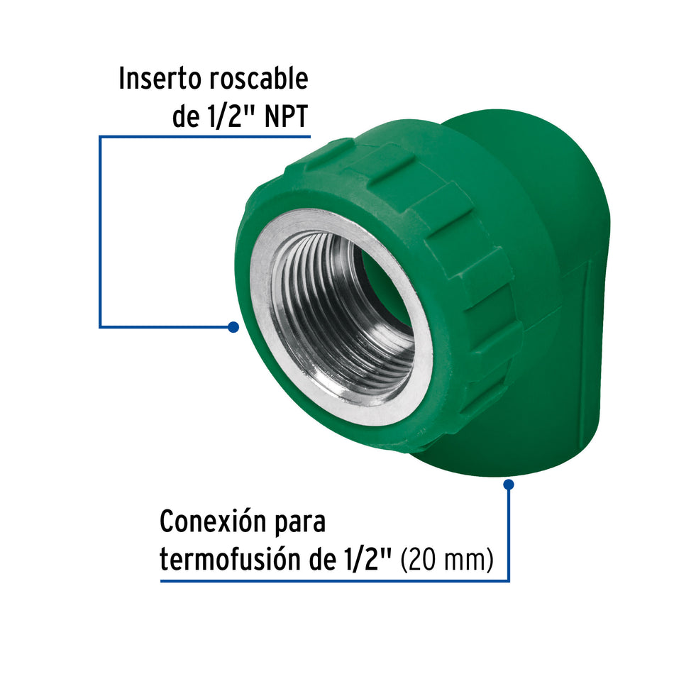 Codo 90° PPR, 1/2', rosca hembra con inserto metálico, Foset Caja con 10, 49861