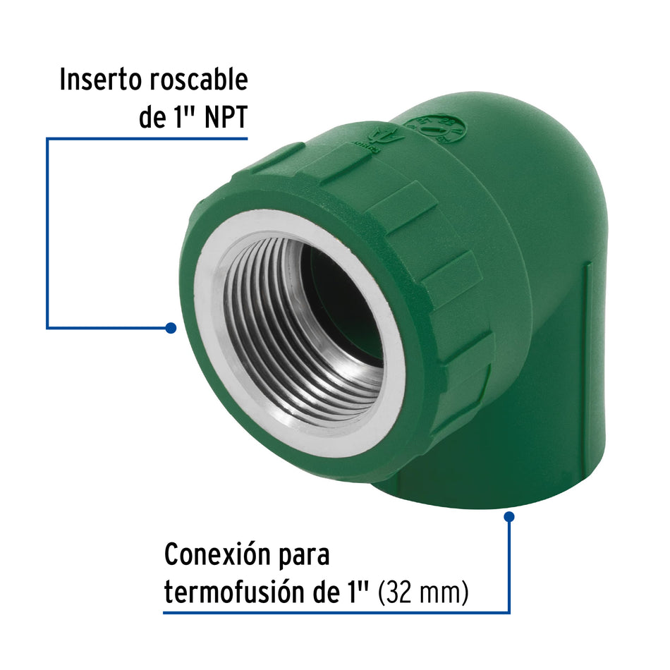 Codo 90° PPR, 1', rosca hembra con inserto metálico, Foset Caja con 10, 49863